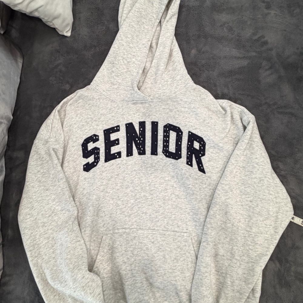 Hollister Light Gray 'SENIOR' Pullover Hoodie with Navy Lettering